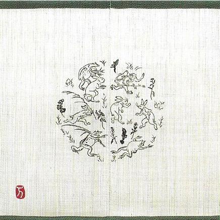 麻のれん 鳥獣戯画 生成り 麻のれん 暖簾 万葉舎 88cm×90cm 日本