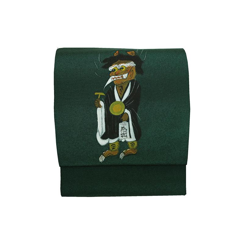 正絹 名古屋帯 大津絵 鬼の寒念佛 グリーン 手描き 染帯 紬 九寸帯 未