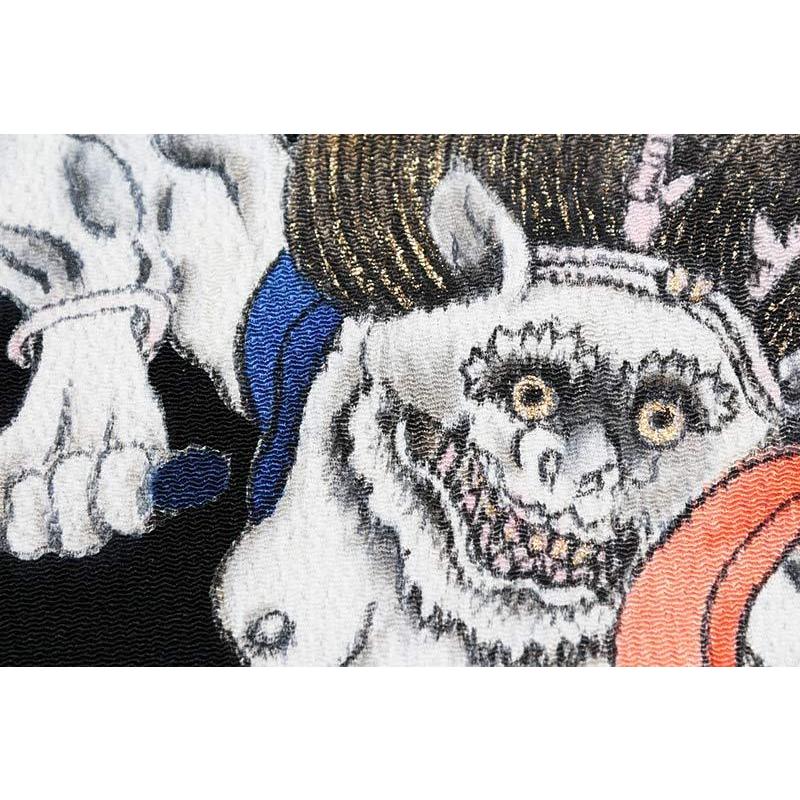 正絹　名古屋帯　雷神　黒　ちりめん　染帯　九寸帯　未仕立　日本製の画像