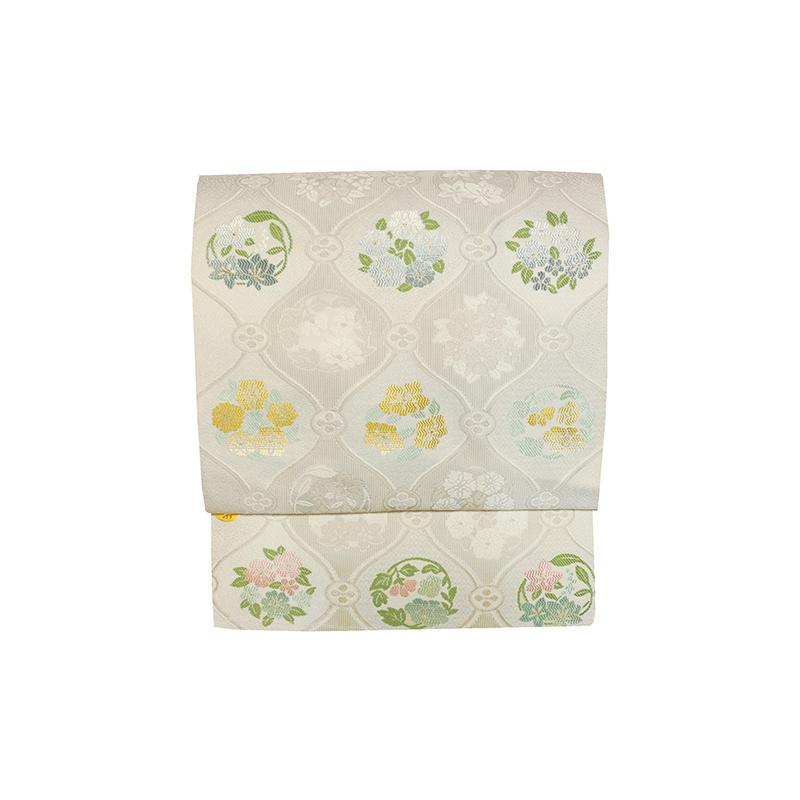 正絹　九寸名古屋帯　立涌に花の丸　白　未仕立　絹100％　西陣織　日本製