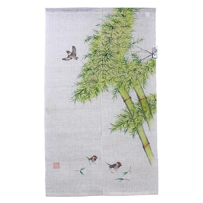 手描きのれん 竹に雀 麻のれん 暖簾 万葉舎 88cm×150cm 日本製 和 
