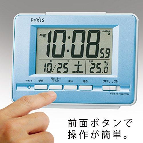 セイコー クロック 目覚まし時計 電波 デジタル カレンダー 温度 表示 PYXIS ピクシス 薄青 パール NR535L SEIKO｜tamari-do｜05