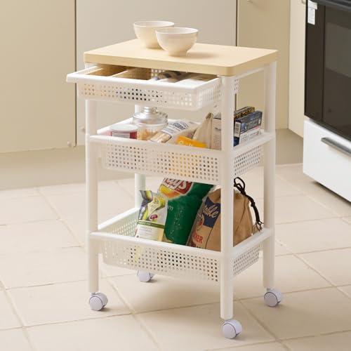 あんず❤️様　籐製　収納ワゴン　引き出し付き　ホワイト 山善(YAMAZEN) ワゴン 引き出し付き サイドワゴン 3段 バスケット付き