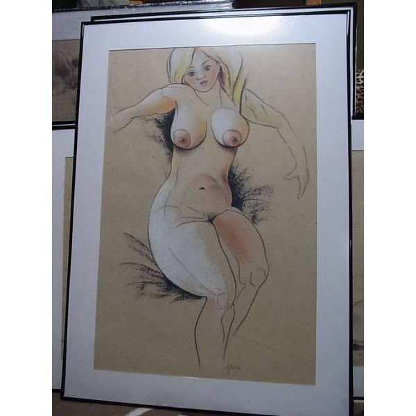 1000 X 700mm 大きな 裸婦画 エストニア アーティスト作 パステル画 本物  裸婦だけど嫌味はなくお店やお部屋に飾れます 【緑葉】