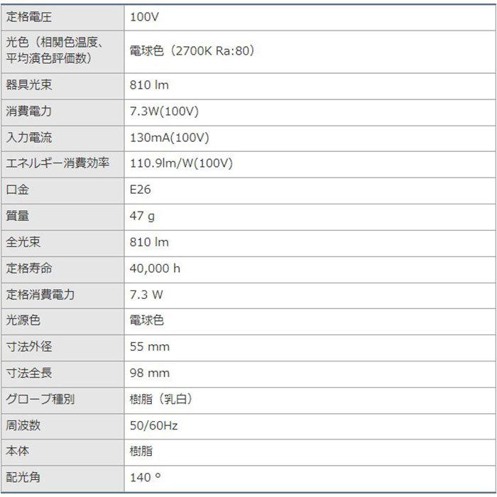 東芝ライテック LED電球 口金E26 60W形相当 電球色 配光角約140度