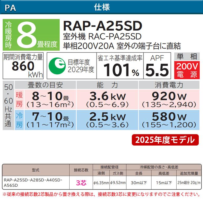 エアコン 冷暖房 日本製 防カビ 単相200V 日立 天井カセット1方向形 8畳 室外電源 ビルトイン PAシリーズ RAP-A25SD 化粧パネル付 RAP-PAKPSW 2.5kw 2025年度の画像