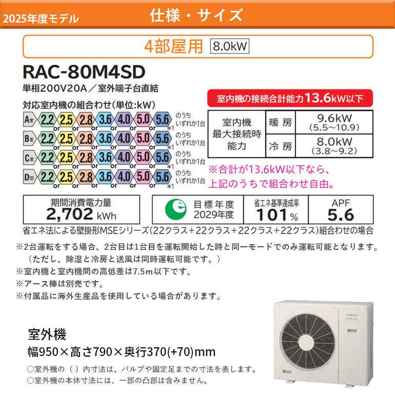 日立（HITACHI） エアコン 冷暖房 単相200V 4部屋 1室最大25m 