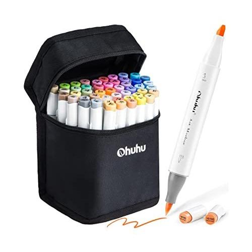 Ohuhu 48色 イラストマーカーペン 中間色 筆 太字 マーカーペン 筆先 ブレンダーペン付き 鮮やか 手帳 イラスト