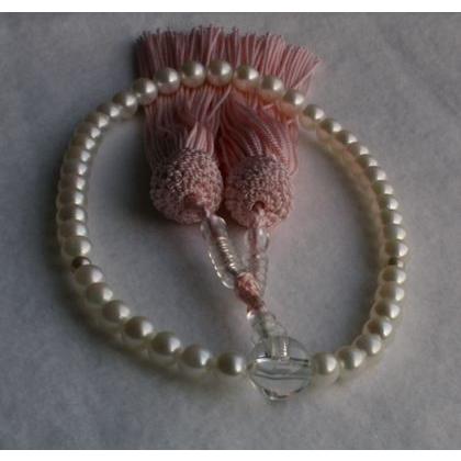 ホワイト系 アコヤ本真珠 数珠 御念珠 伊勢志摩産 5.5-6mm ピンク房 女性用 レディース Ｐｅａｒｌ パール　