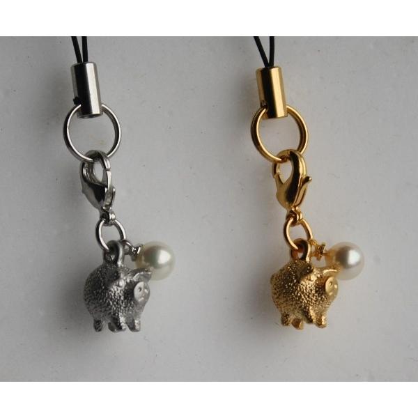 かわいい銀のぶた パール 携帯ストラップ 伊勢志摩産 アコヤ真珠