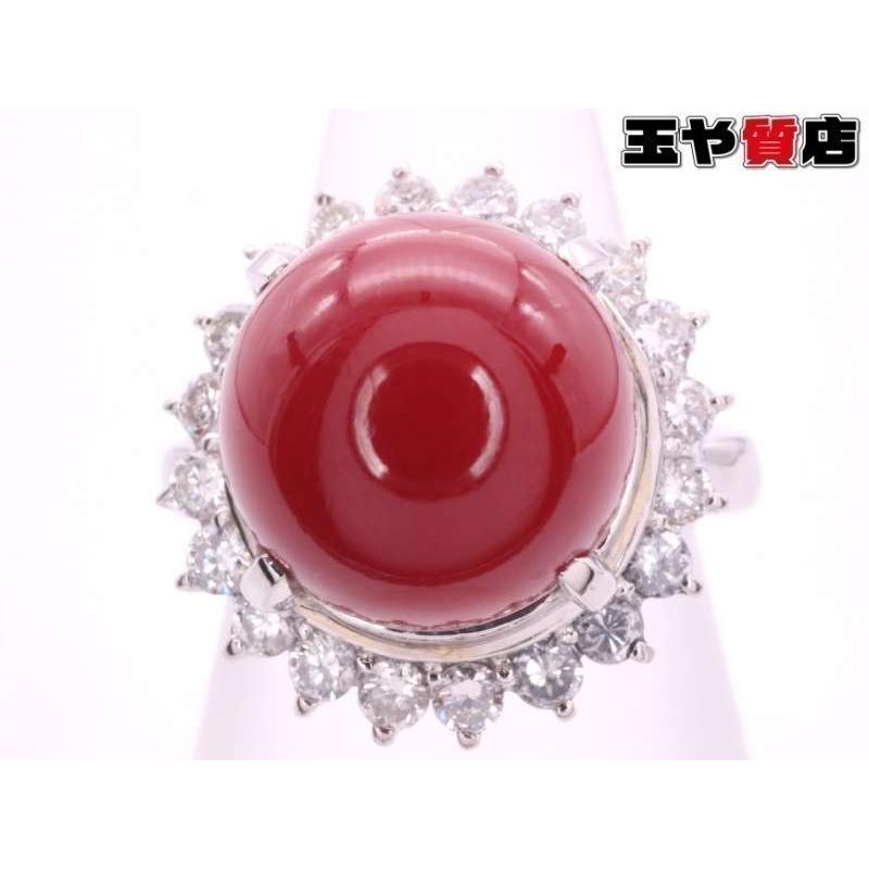 赤サンゴ 10.5mm ダイヤ0.66ct プラチナ 鑑別書 リング 12号 新品同様 