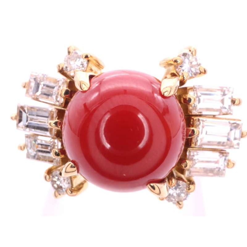 サンゴ9.7ミリ ダイヤ1.37ct K18 デザイン リング 10号 鑑別書 新品 