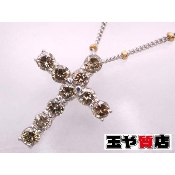 イタリー 美品 ブラウンダイヤ1.00ct クロス ペンダント ロング ネックレス K18WG K18YG