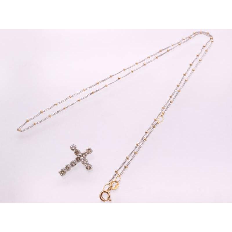 イタリー 美品 ブラウンダイヤ1.00ct クロス ペンダント ロング ネックレス K18WG K18YG_1