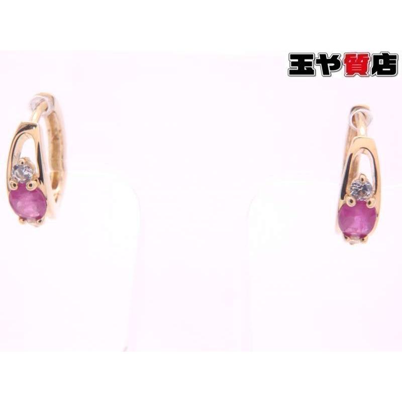 美品 ルビー キュービックジルコニア デザイン ピアス K18YG イエロー 