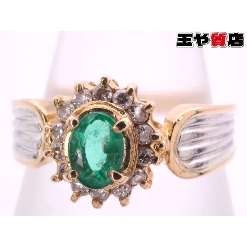 エメラルド0.21ct ダイヤ0.12ct デザイン リング11.5号 pt900 K18YG