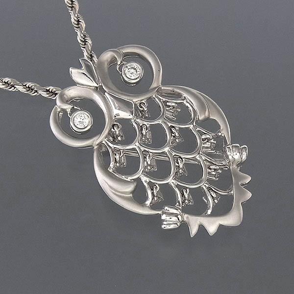 フクロウモチーフ K18WG ネックレス フクロウモチーフスイングダイヤ  