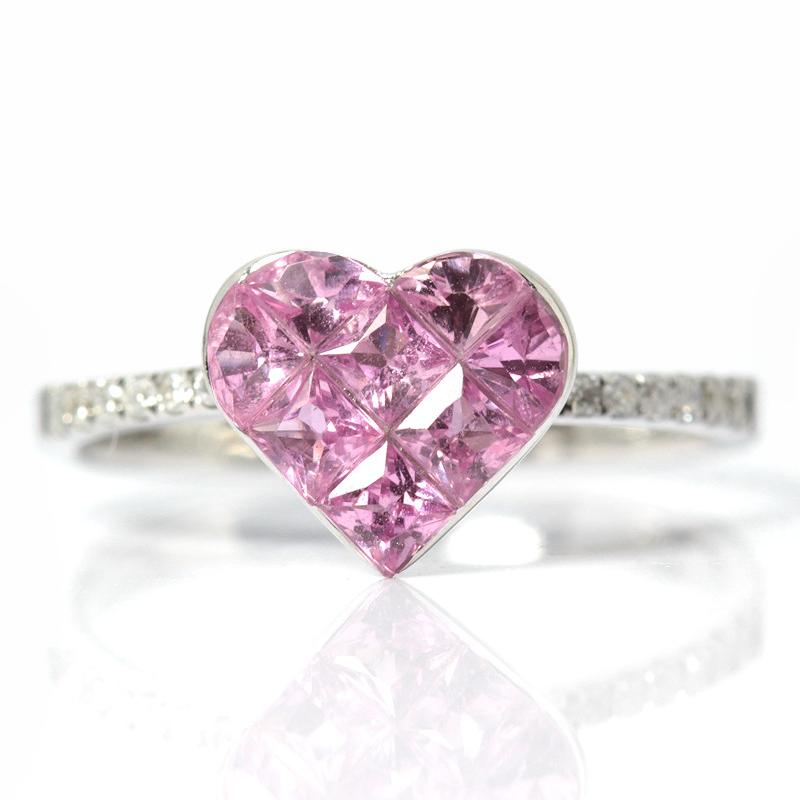 K18WG 天然 ピンクサファイア ハート リング 1.00/0.10ct 18金 