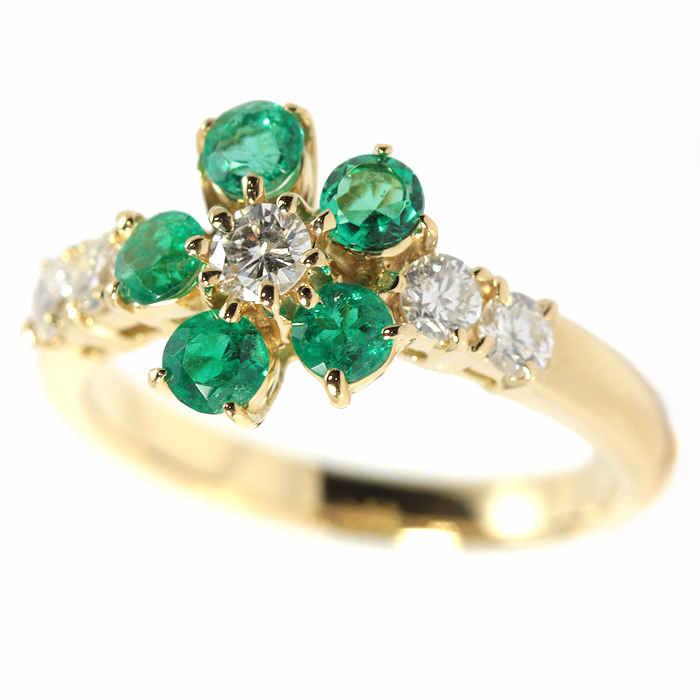 K18 お花モチーフ リング エメラルド ダイヤモンド 0.58/0.41ct 12号 