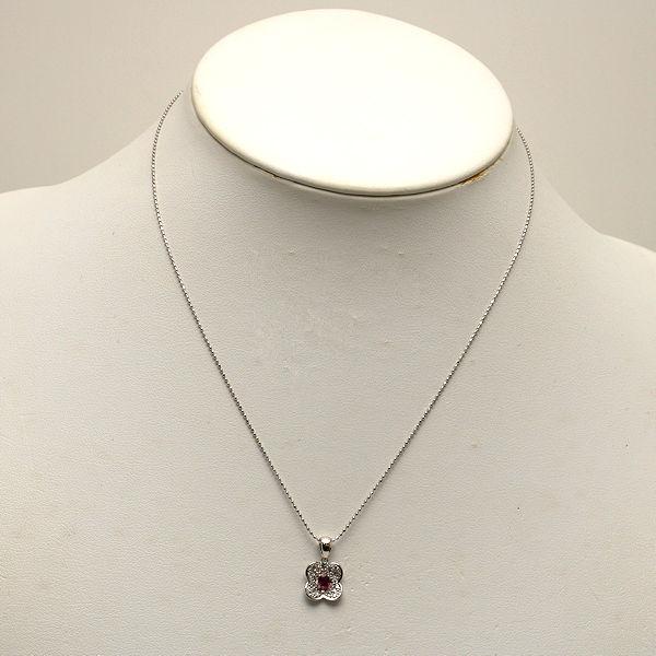 K18WG フラワーモチーフルビーネックレス 約40cm 0.23ct ダイヤモンド 