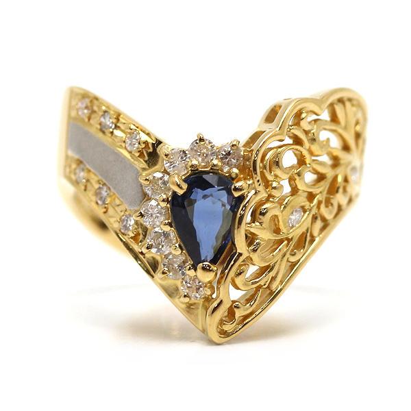 K18 Pt900 サファイアV字リング 11号 0.59ct ダイヤモンド 0.29ct 18金 
