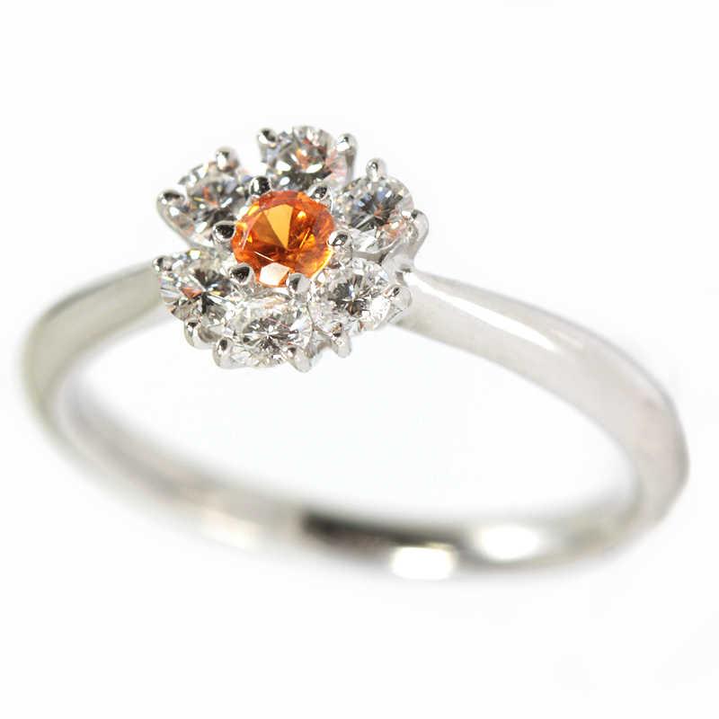 Pt900 ガーネット リング 12号 オレンジ 花 ダイヤモンド 0.35ct 