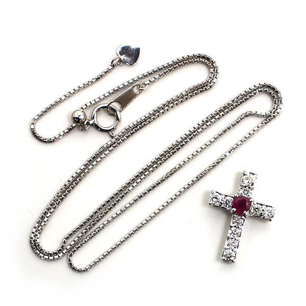 K18WG 十字架 ネックレス 約45cm ルビー 0.28ct ダイヤモンド 0.50ct