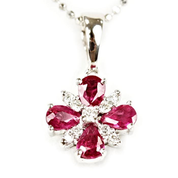 ルビー 1.04ct K18WG ネックレス 花 18金 ホワイトゴールド 
