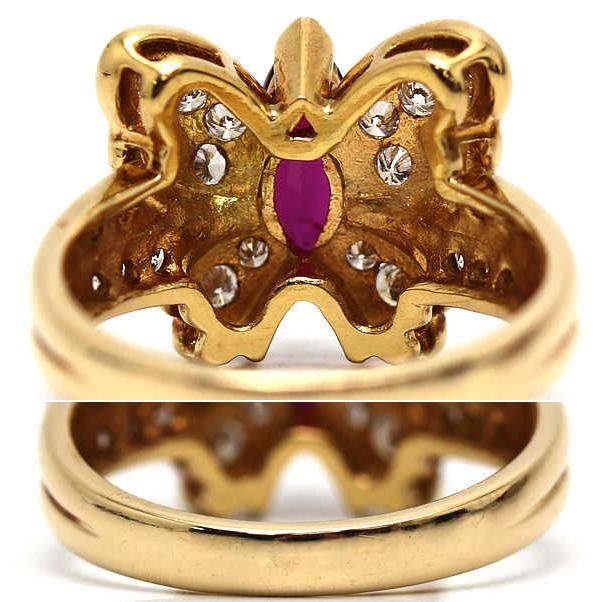 K18 蝶々モチーフリング 12号 ルビー 0.68ct ダイヤモンド 0.46ct 18金 