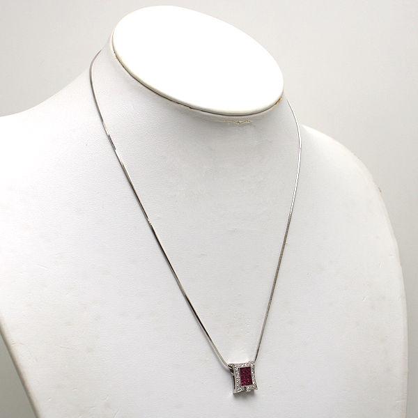 K18WG スクエアネックレス 約45cm ルビー 1.22ct ダイヤモンド 0.25ct 
