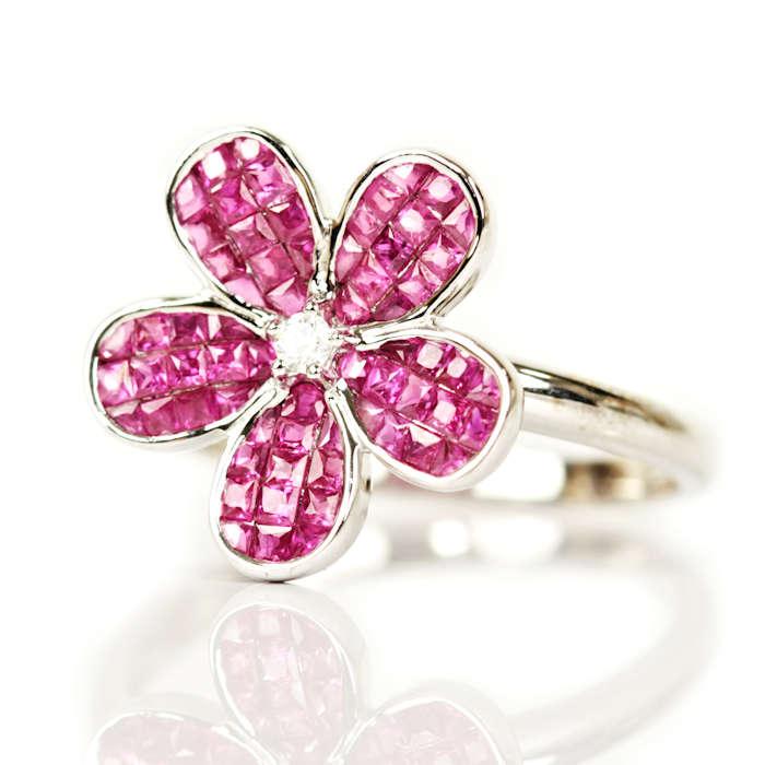 K18WG ルビー 1.70ct ダイヤモンド 花 指輪 リング 18金 ホワイト  