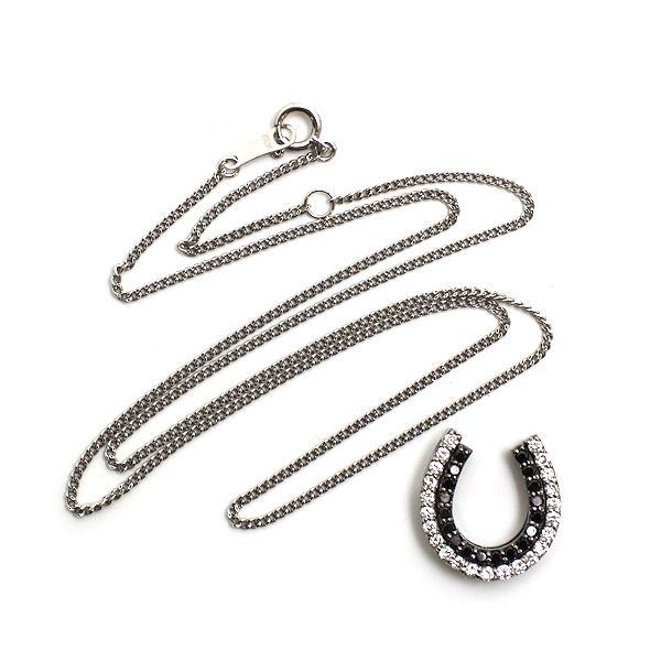K18WG 馬蹄ネックレス 約40cm ダイヤモンド 0.30ct/0.22ct ブラック 