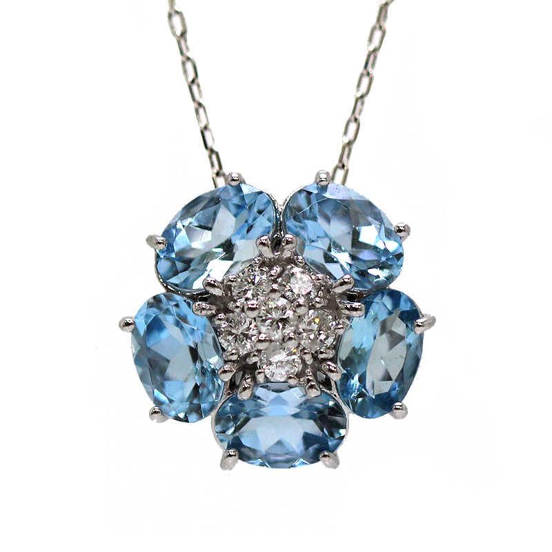 アクアマリンネックレス 花 1.95ct プラチナ 18金ホワイトゴールド 