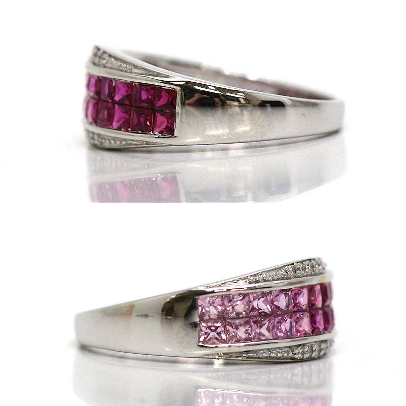 K18WG　天然ダイヤモンドリング　D0.10ct　ルビー入り　サイズ12号 K18WG グラデーションリング 12号 ルビー ピンクサファイア