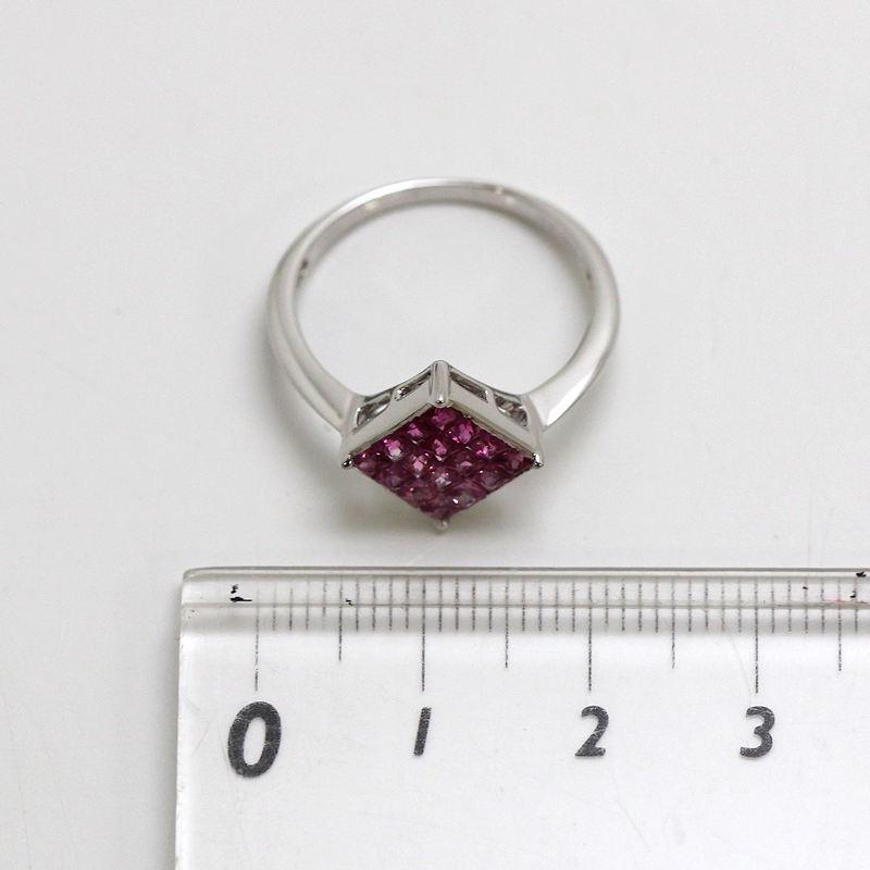 K18WG スクエアデザインリング 16号 ルビー 0.35ct ピンクサファイア 