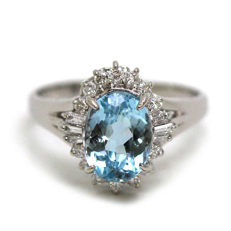 Pt900 アクアマリンリング 16号 2.62ct 大粒 ダイヤモンド 0.38ct 約 