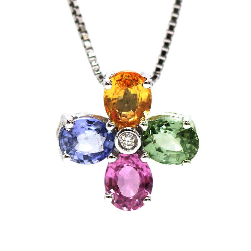 K18WG マルチカラーサファイアネックレス 約45cm 1.96ct ダイヤモンド