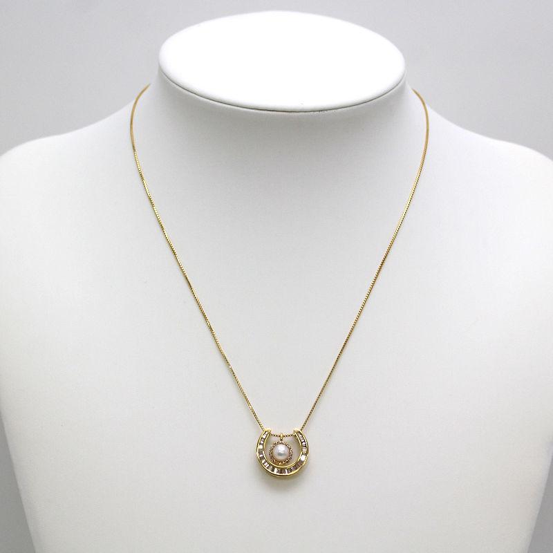 K18 3way馬蹄&パールネックレス 約45cm ダイヤモンド 0.42ct 0.12ct 