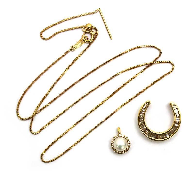 K18 3way馬蹄&パールネックレス 約45cm ダイヤモンド 0.42ct 0.12ct