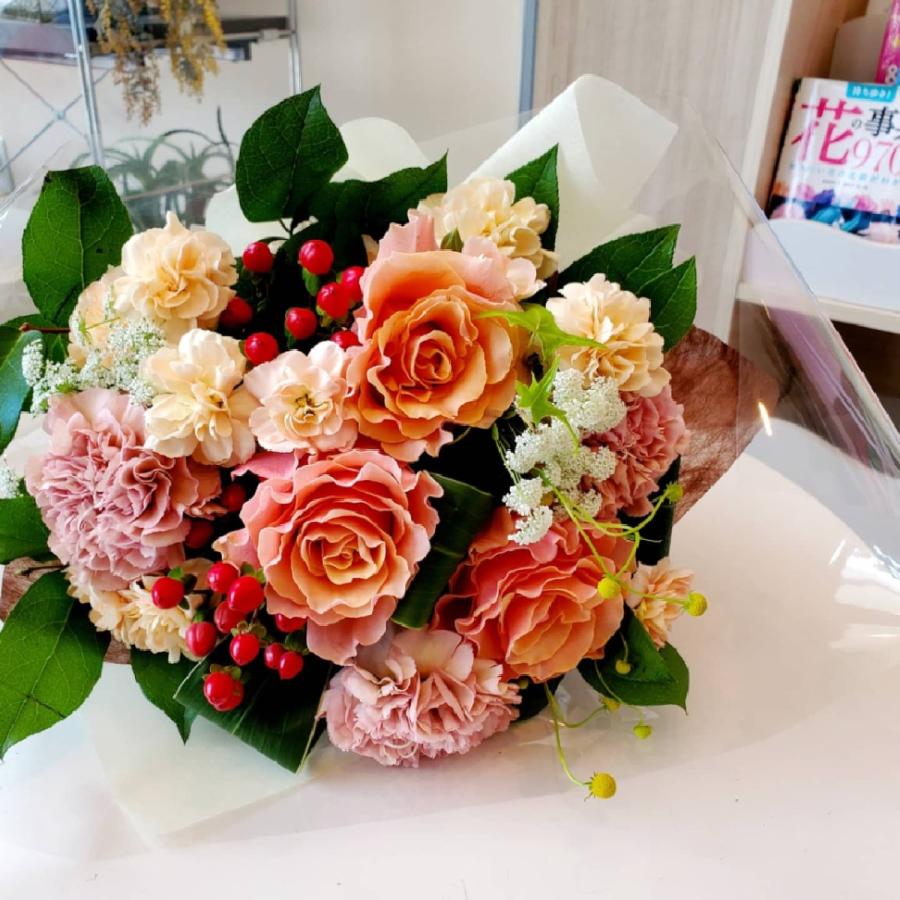 オレンジピンク系ブーケ 生花 花束 ブーケ アレンジメント お祝い 誕生日 結婚祝い 出産祝い 結婚記念日 送別 退職 開店祝い 周年祝い ギフト Tamu Tamuraflorist 通販 Yahoo ショッピング