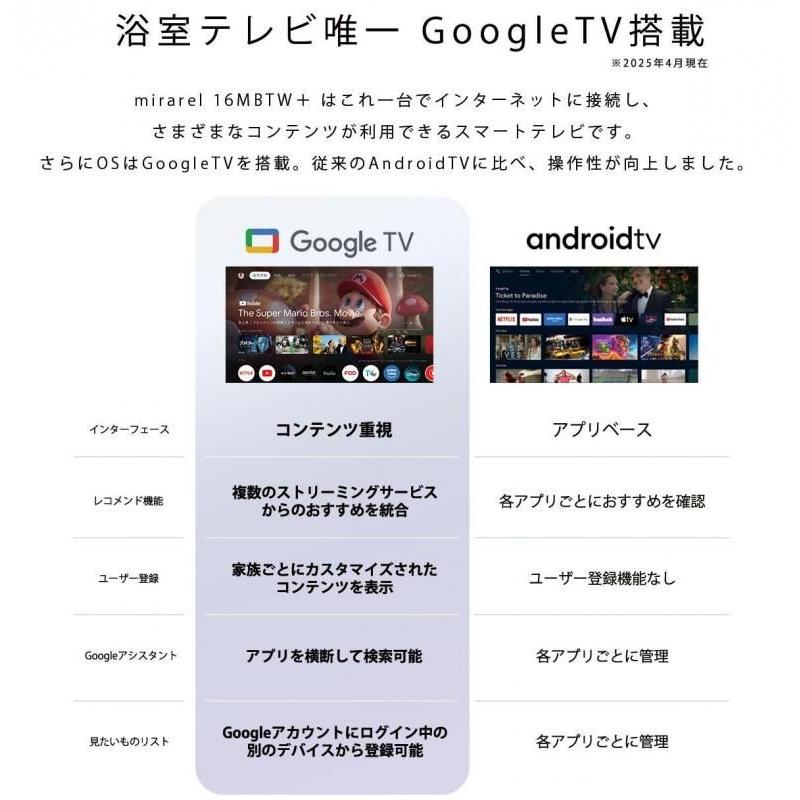 (即納在庫有) 正規代理店 浴室テレビ 16V型 mirarel 16MBTW+　ミラレルプラス Google TV搭載 防水 ネット動画 地デジBSCS (/16MBTWplus/) |  | 04