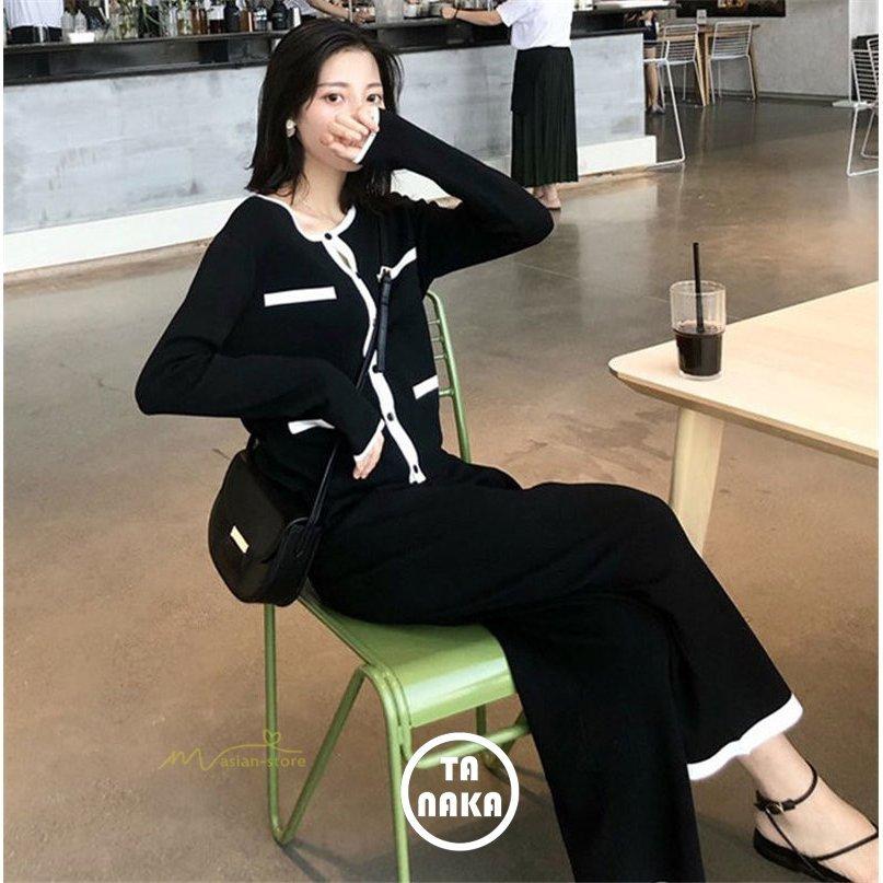 セットアップ ニット レディース バイカラー 2点セット 長袖 カーディガン トップス ロング丈 ガウチョパンツ フェミニン