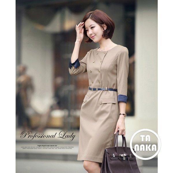 夏春秋韓国風ダブルボタンレディースワンピース仕事着ビジネス通勤膝丈ワンピーススーツワンピース修身団体服2色 人気ブランド