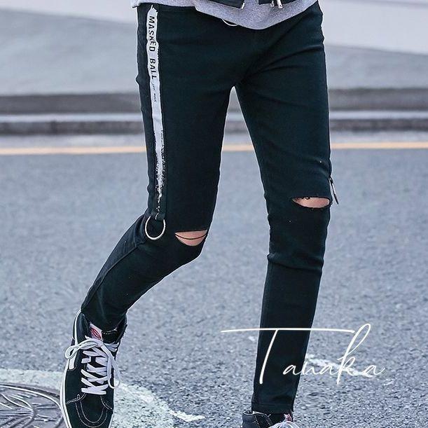 スキニーパンツ メンズ 有名ブランド ダメージパンツ 9分丈 長ズボン 穴 破れ ライン入り ロングパンツ 細身 細い キレイ スリム メンズパンツ パンツ