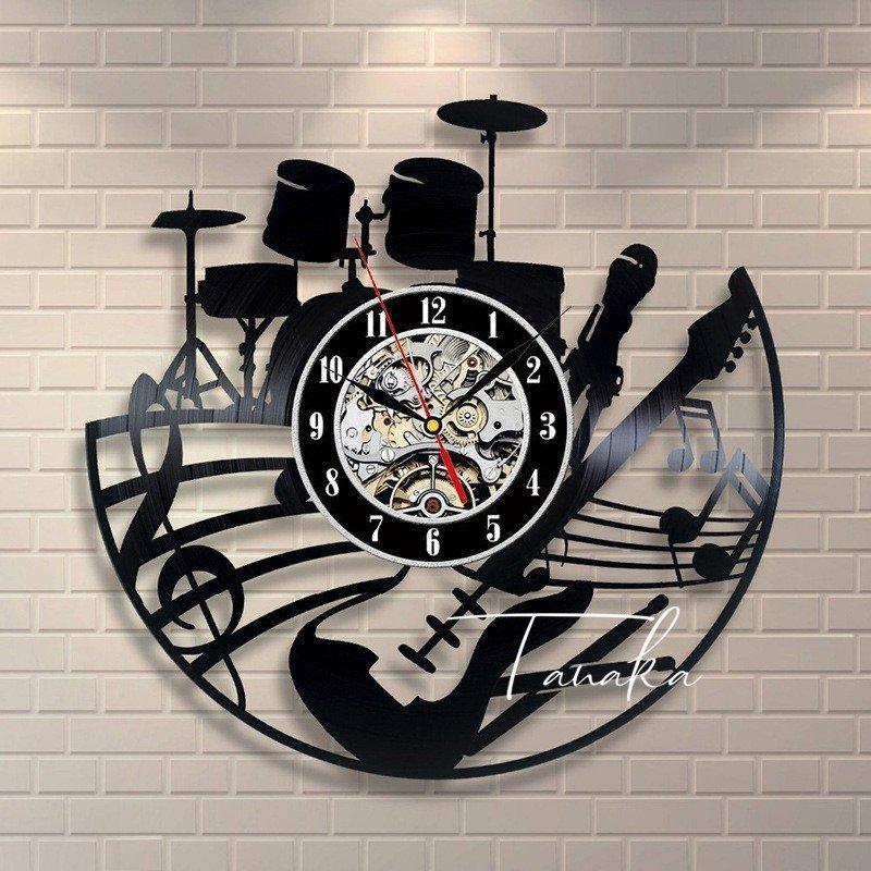 時計 壁掛け時計 歯車時計 ビニールレコード アナログ 数字 音楽モチーフ シルエットデザイン ギター 楽譜 音符