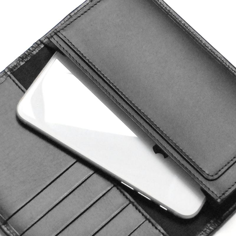 日本国産 長財布 印伝鹿革黒色漆×牛革 市松模様 スマートロング