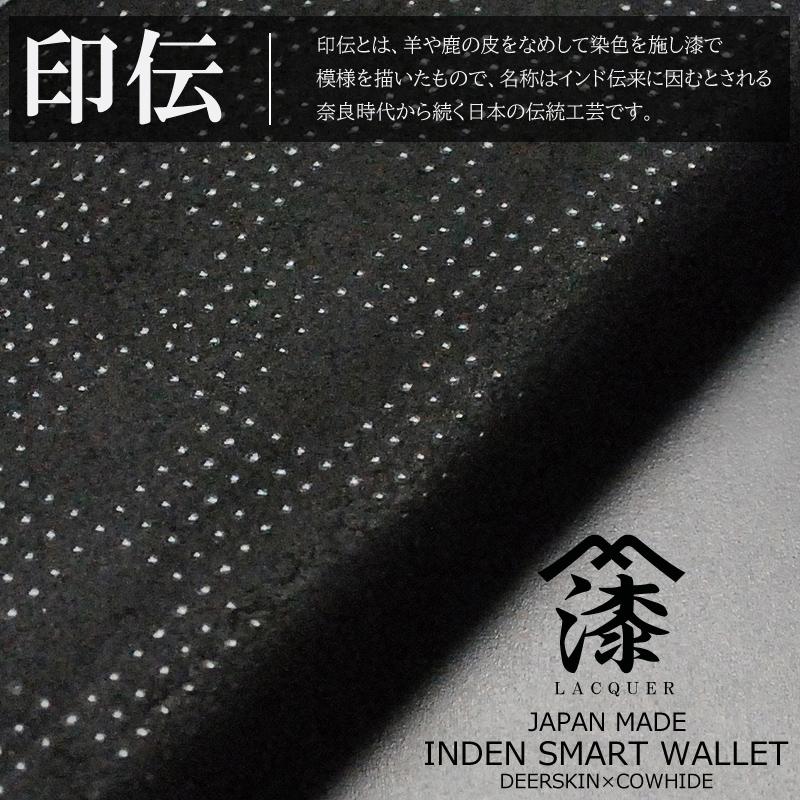 送料無料　新品　鹿革漆付け加工　印伝　市松模様柄　日本製　ロングウォレット　黒 日本国産 長財布 印伝鹿革黒色漆×牛革 市松模様 スマートロング