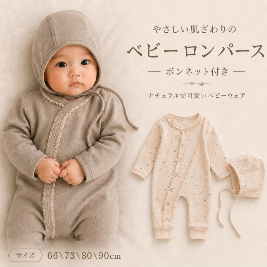 ベビー ロンパース 長袖 ボンネット付き 新生児 カバーオール ベビー服
