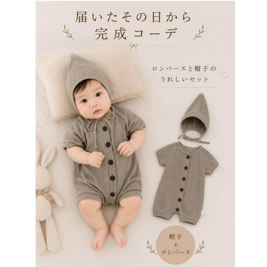 半袖 ロンパース カバーオール ボンネット帽子 ベビー服 子供服 ベビー