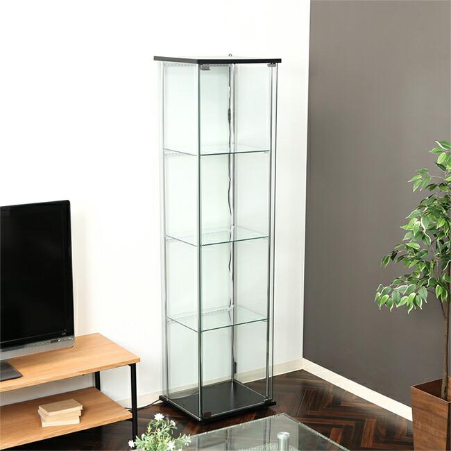 ガラスコレクションケース 4段 LED照明 BK 大型 強化ガラス